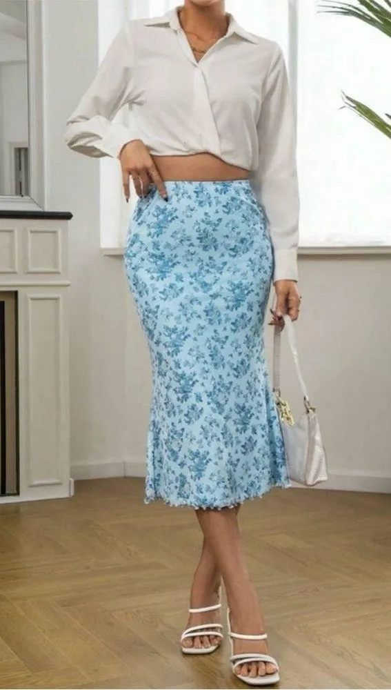 SHEIN Floral Print Lettuce Trim Mermaid Hem Skirt, Baby Blue, Size S, NWOT - Image 6