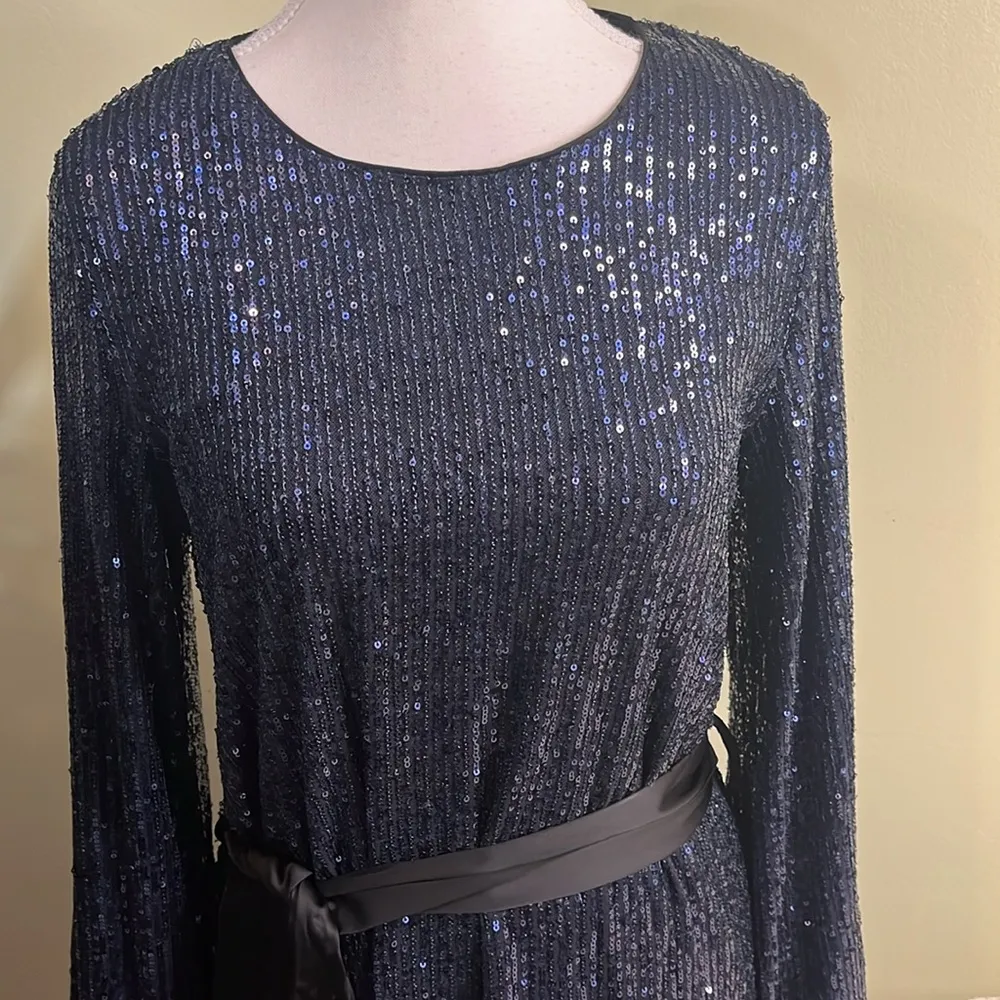 Dress Forum Navy Sequin Balloon Sleeve Contrasting satin Belt,keyhole Back Dress - Image 4