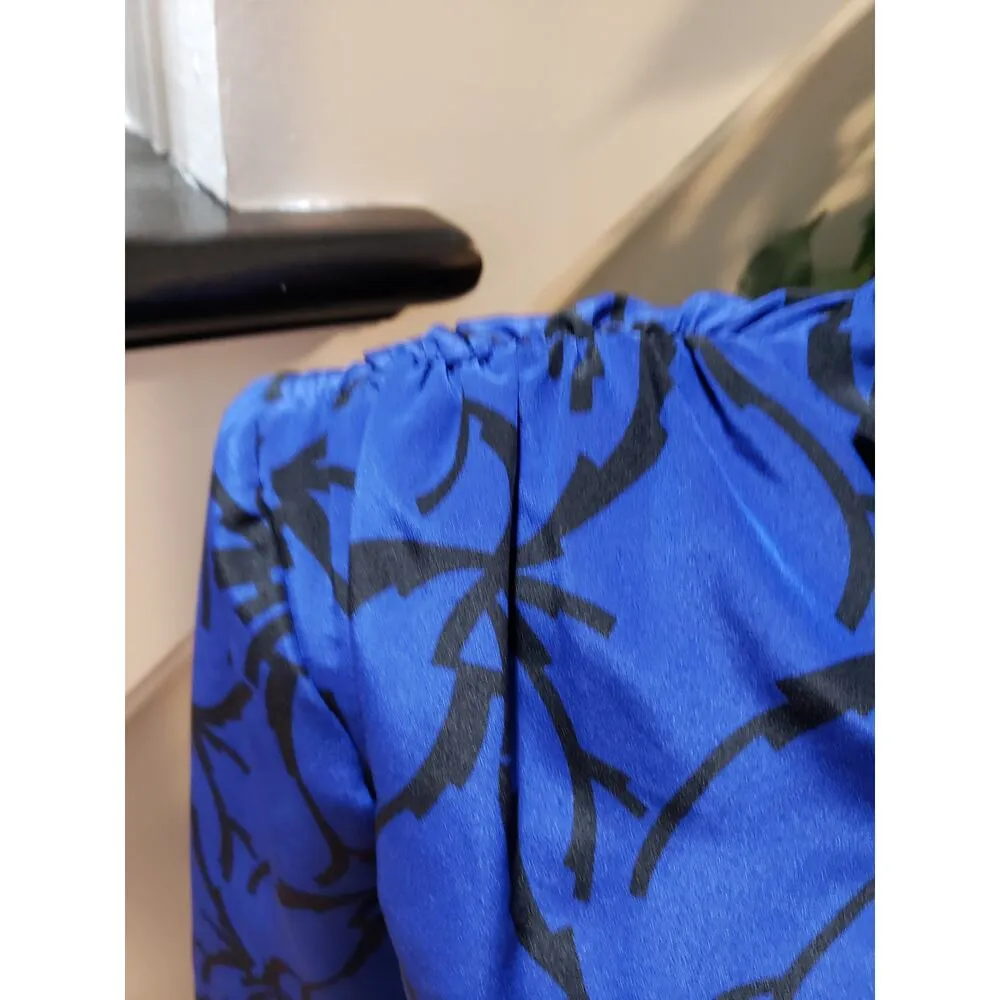 Vintage Caron Chicago Sheath Dress S Blue Patterned Cowl Neck Tie Waist Back Zip - Image 11