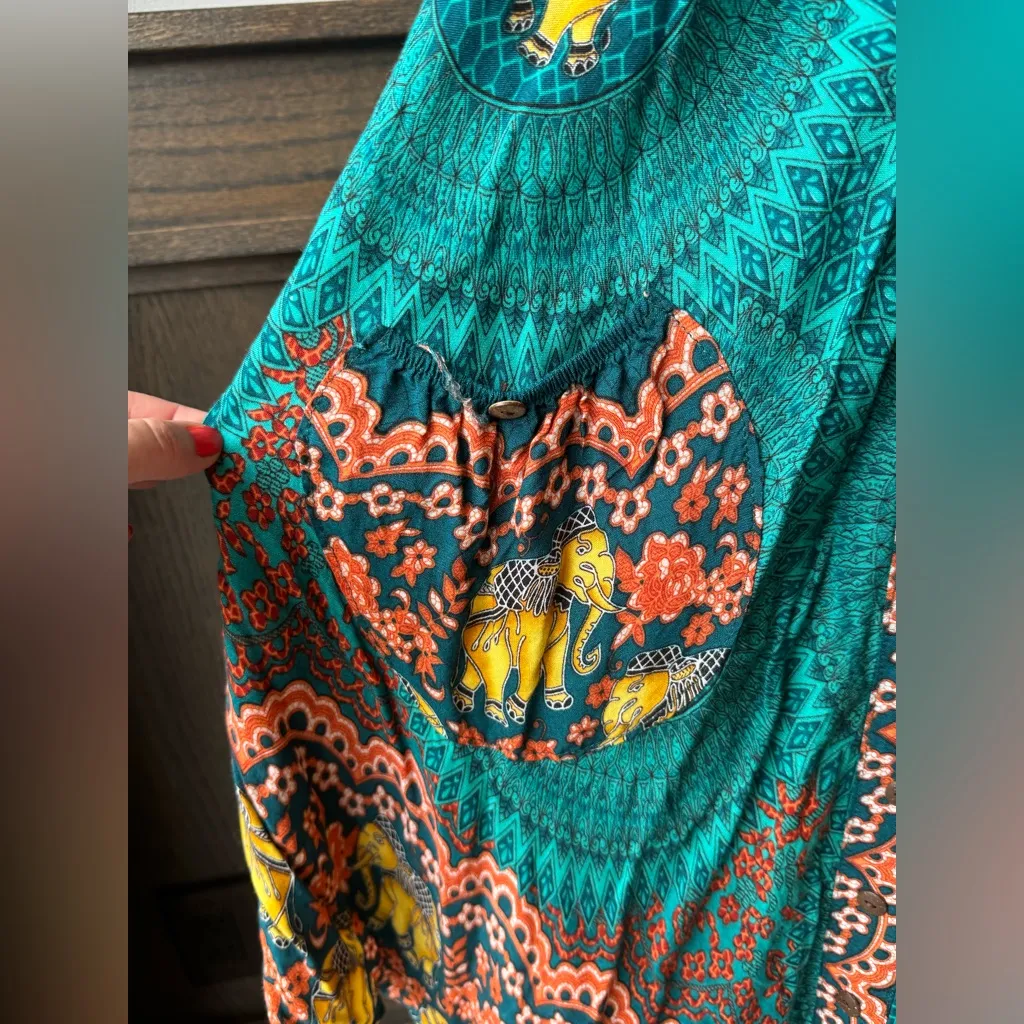Sleeveless Teal and Orangehippe boho elephant Patterned Dress - Image 3