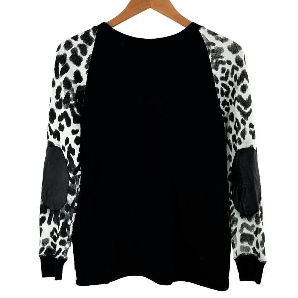 Sandro Black & White Leopard Print Sweatshirt Leather Elbow Patches Size 1/S - Image 3
