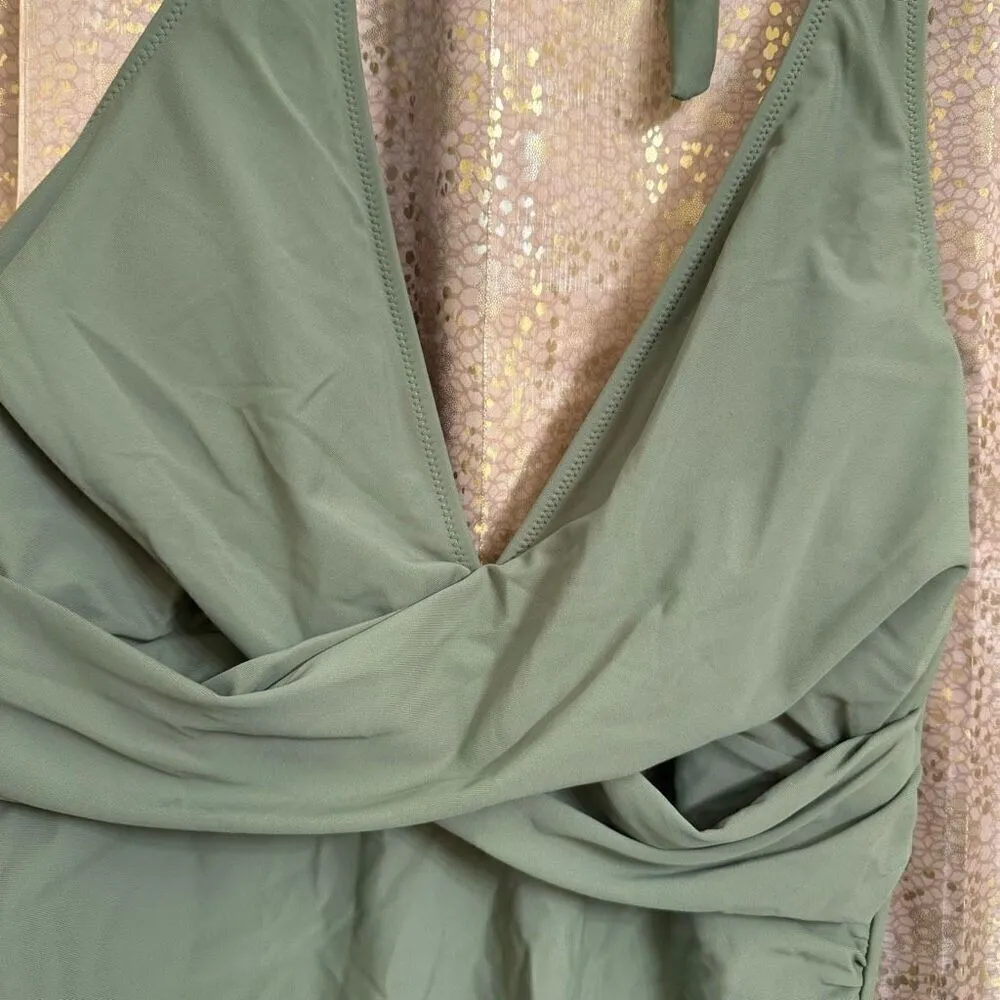 Women's Army Green Halter Deep V Neck One Piece Swimsuit XXL NWOT Size XL - Image 3