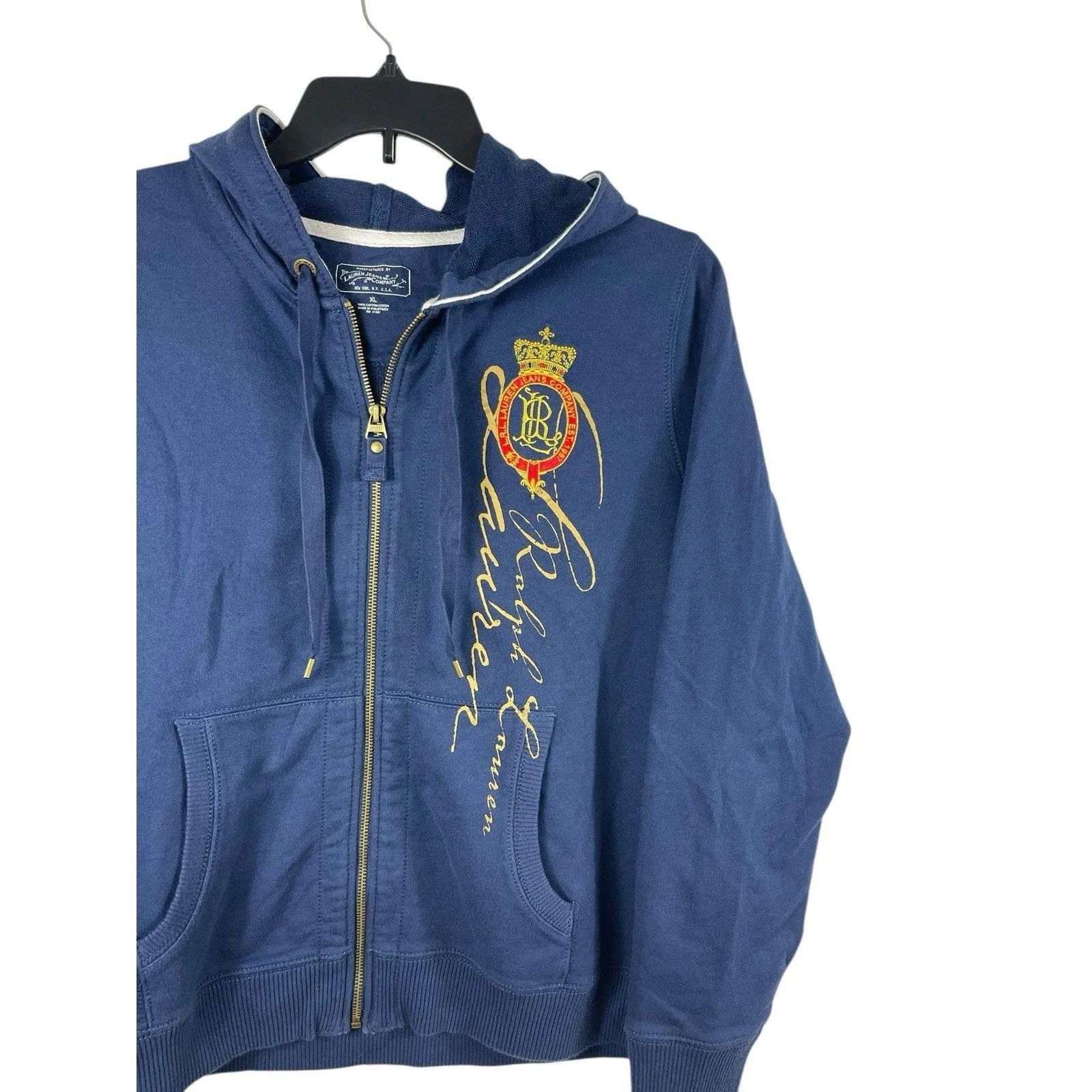 Ralph Lauren Jeans Company XL Navy Blue Full Zip Hoodie Sweatshirt Crest Logo - Image 3
