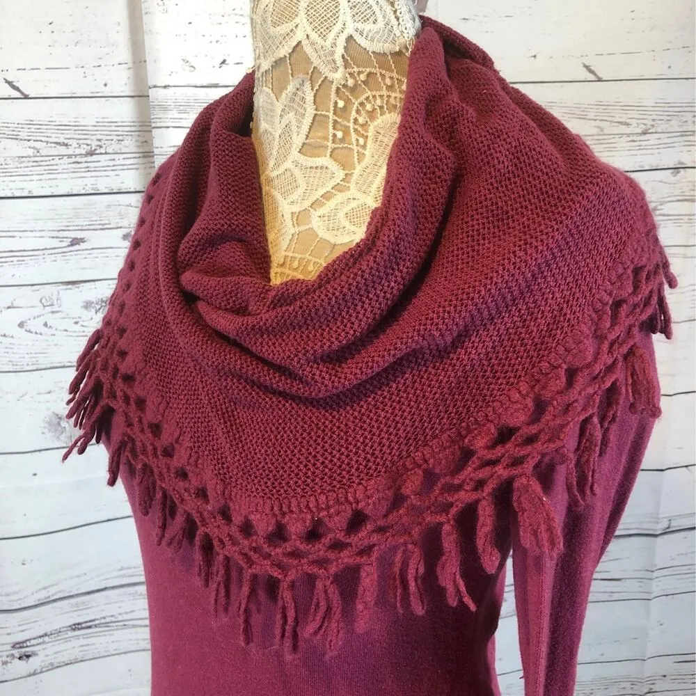Anthropologie Angel of the north tassel Cowl neck sweater burgundy size small - Image 5