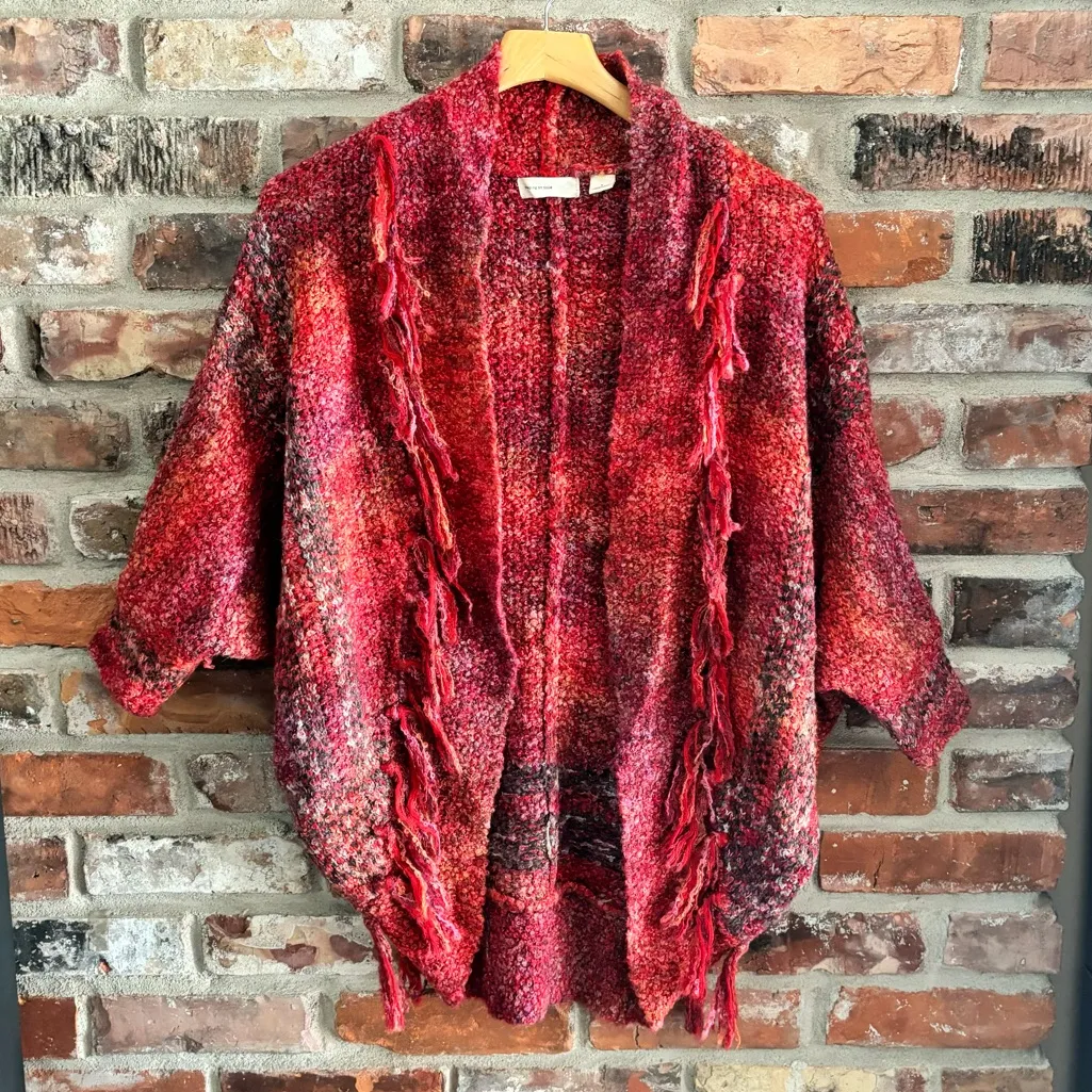 Sleeping On Snow Anthropologie Red Wool Fringe Cocoon Cardigan Sweater, S - Image 2
