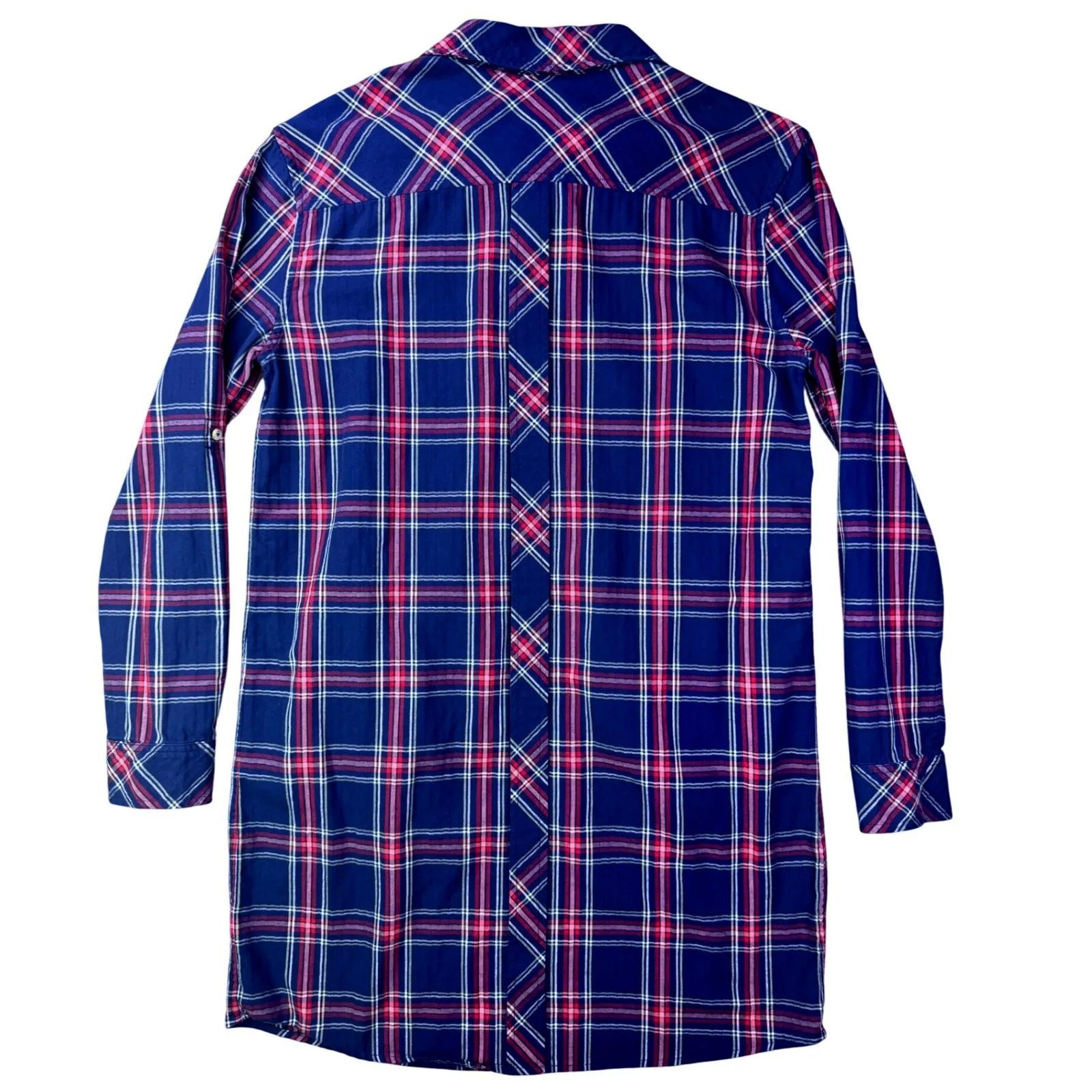 Southern Tide Women's Plaid Shirt Dress Size Medium Long Sleeve Roll Tab Navy - Image 10