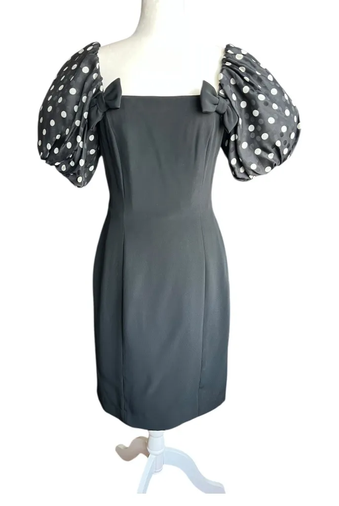 Vintage Nipon Night Dress | 80s Polka Dot Puff Sleeve Cocktail Dress | Size 8 Black - Image 1