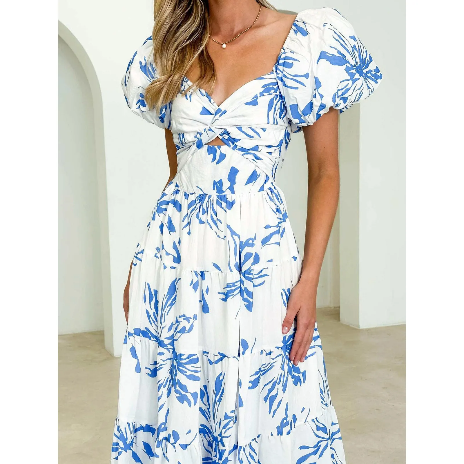 Commense Girly Cottage Fairy Puff Sleeve Twist Detail Midi Dress Blue M Size M - Image 6