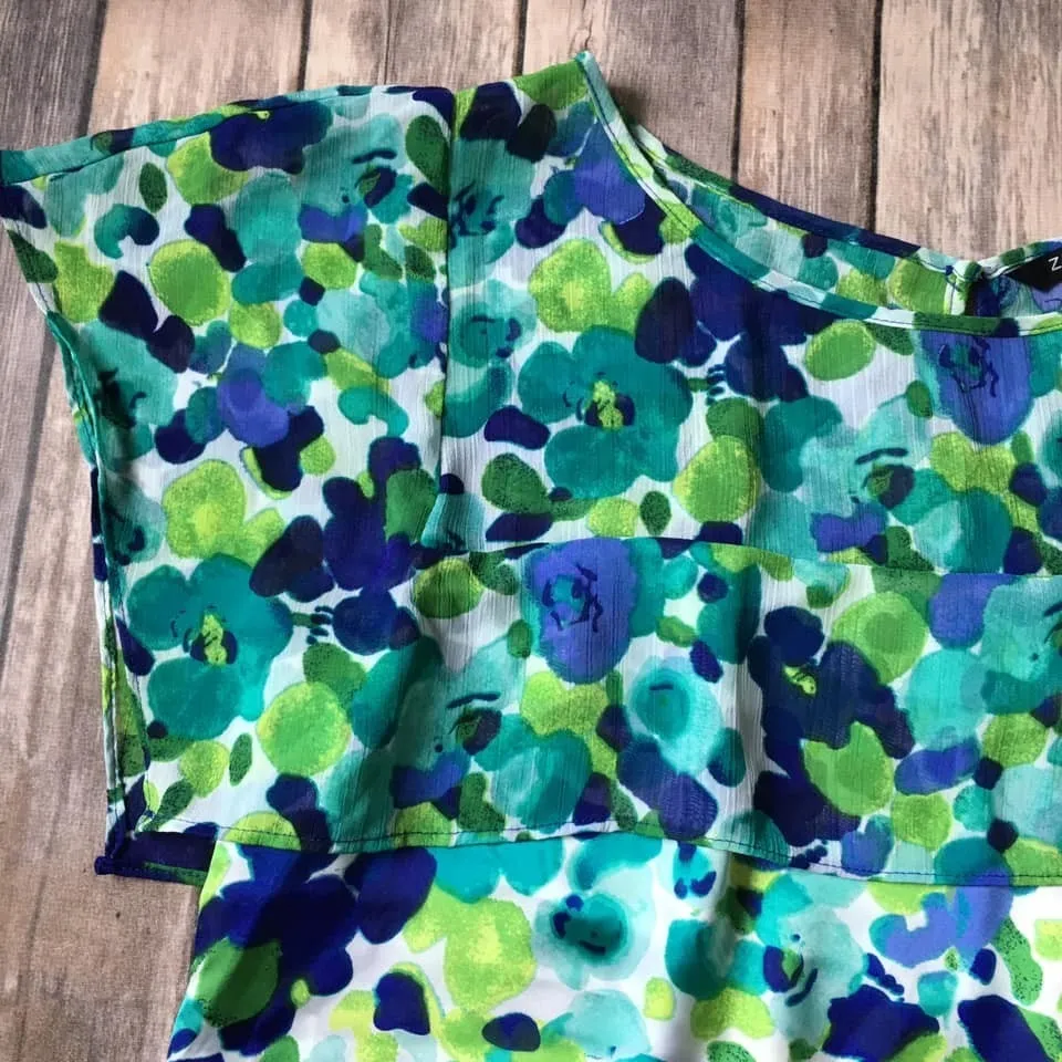 Zac &‎ Rachel Top Women Petite L PL Watercolor Sheer Chiffon Satin Floral Print Green Size undefined - Image 2