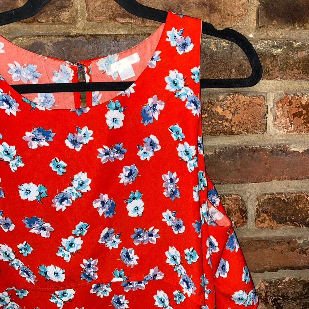 Xhilaration Orange Floral Tiered Peek-A-Boo Keyhole Sleeveless Top Women's Large - Image 2