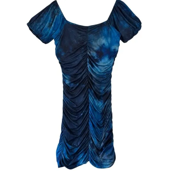 HIDDEN BRAND Blue Tie Dye Ruched Bodycon Mini Dress Puff Sleeve Square Neck Sz M Size M - Image 3