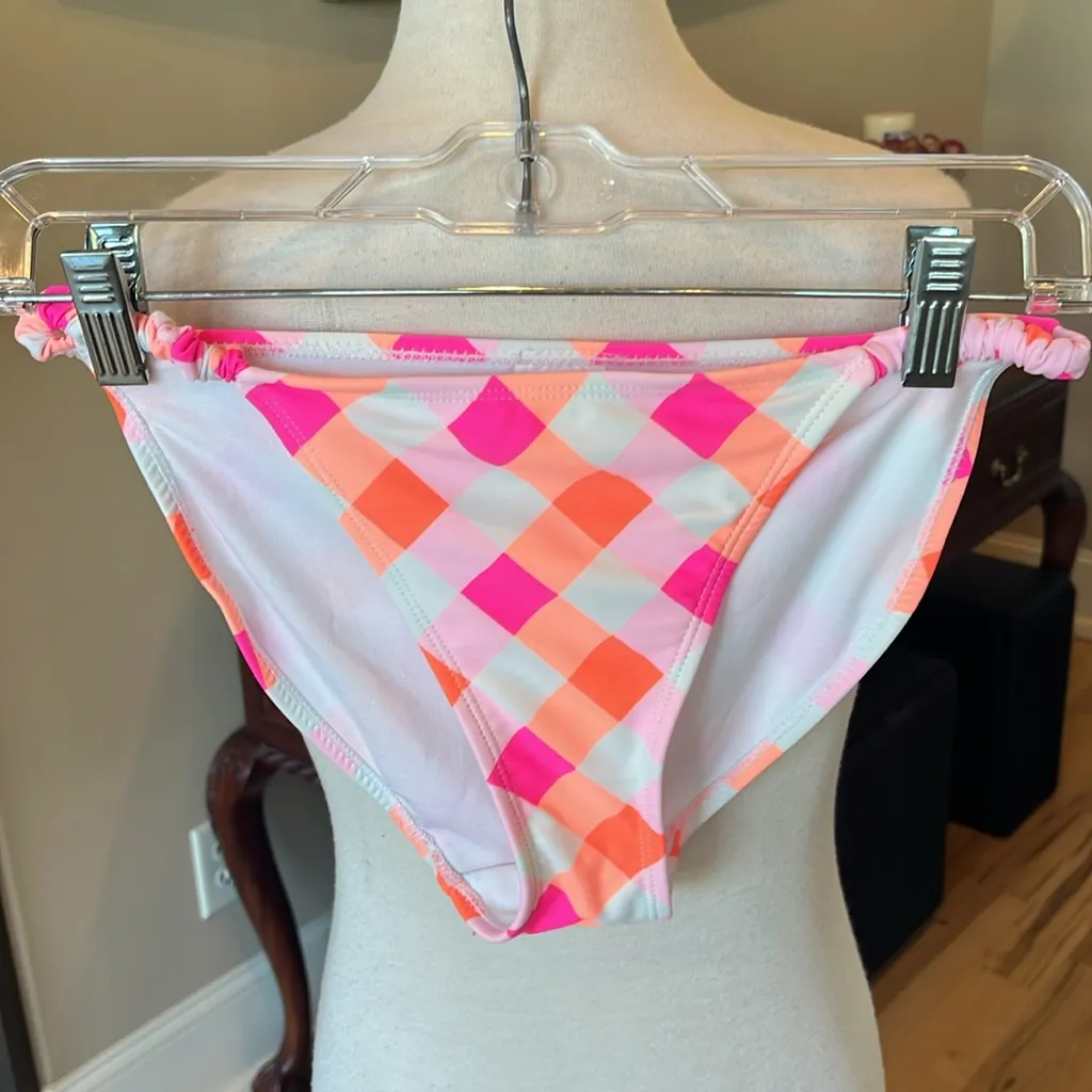 Bikini Set Neon Orange Pink White Checkerboard Top Small Bottoms Medium Size undefined - Image 6
