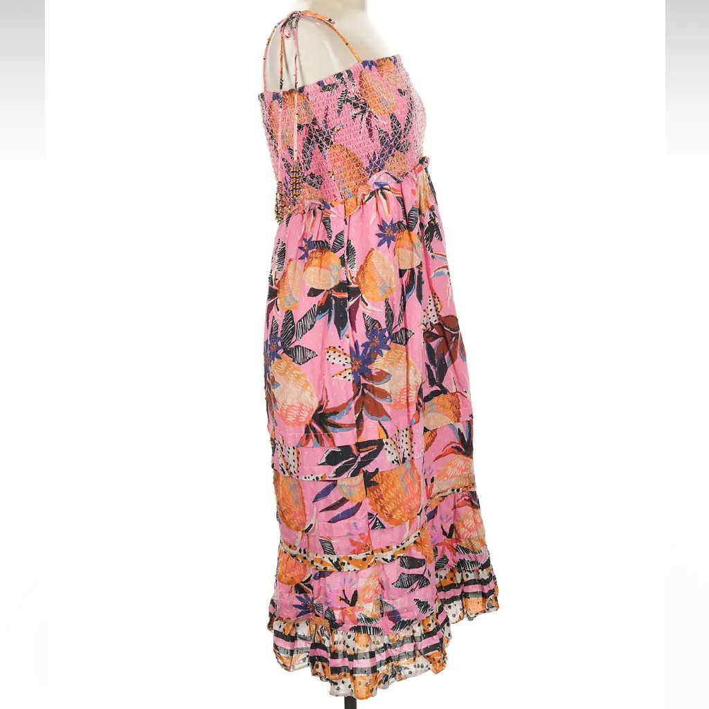 Pink Floral Midi Dress with Bead Tassel Detail - Image 3