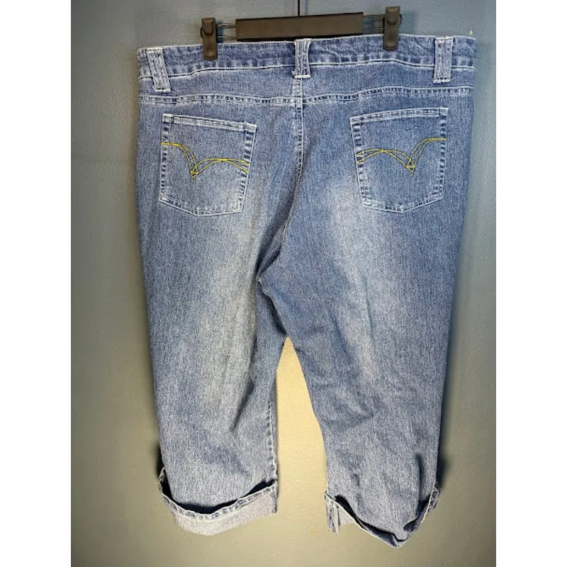 Vintage Zoey & Beth Jeans Women's Sz 2x Capri Bejeweled Crystal Rolled Hem Y2K Blue - Image 2