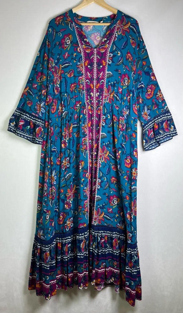 Soft Surroundings Women’s Boho Floral Maxi Dress Teal Embroidered Tiered 2X - Image 1