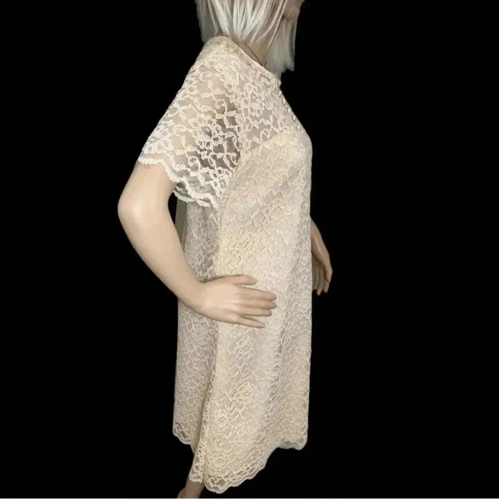 Vintage 60s Ivory Lace MOD Short Sleeve Dress Sz Small Summer Knee Length - Image 7