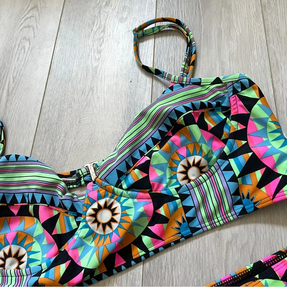 Mara Hoffman Geometric Art Deco Print Longline Top + Bottoms Bikini Set (Large) - Image 3