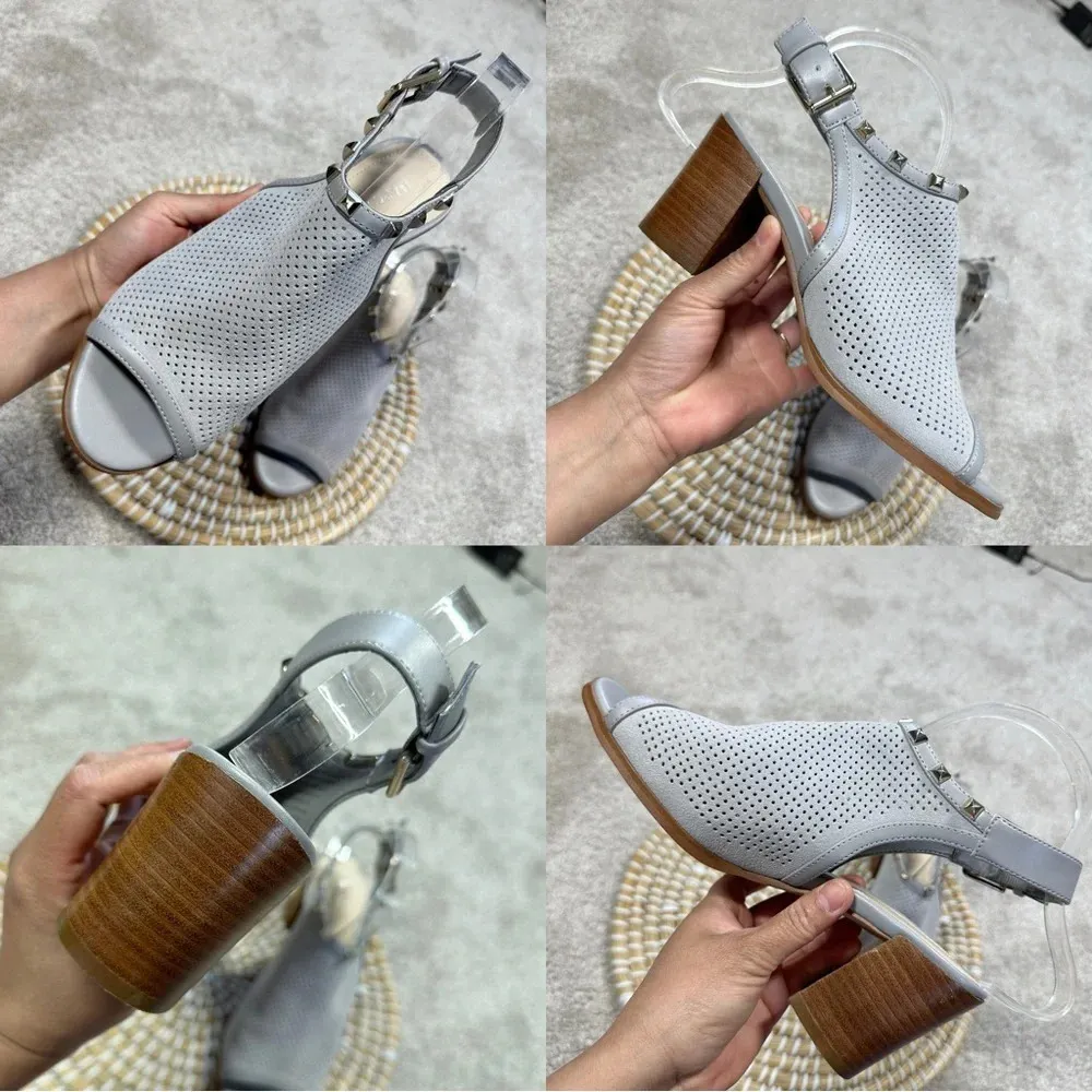 Marc Fisher Grey Suede Perforated Parso Studded Heeled Sandal Size 6.5 - Image 13