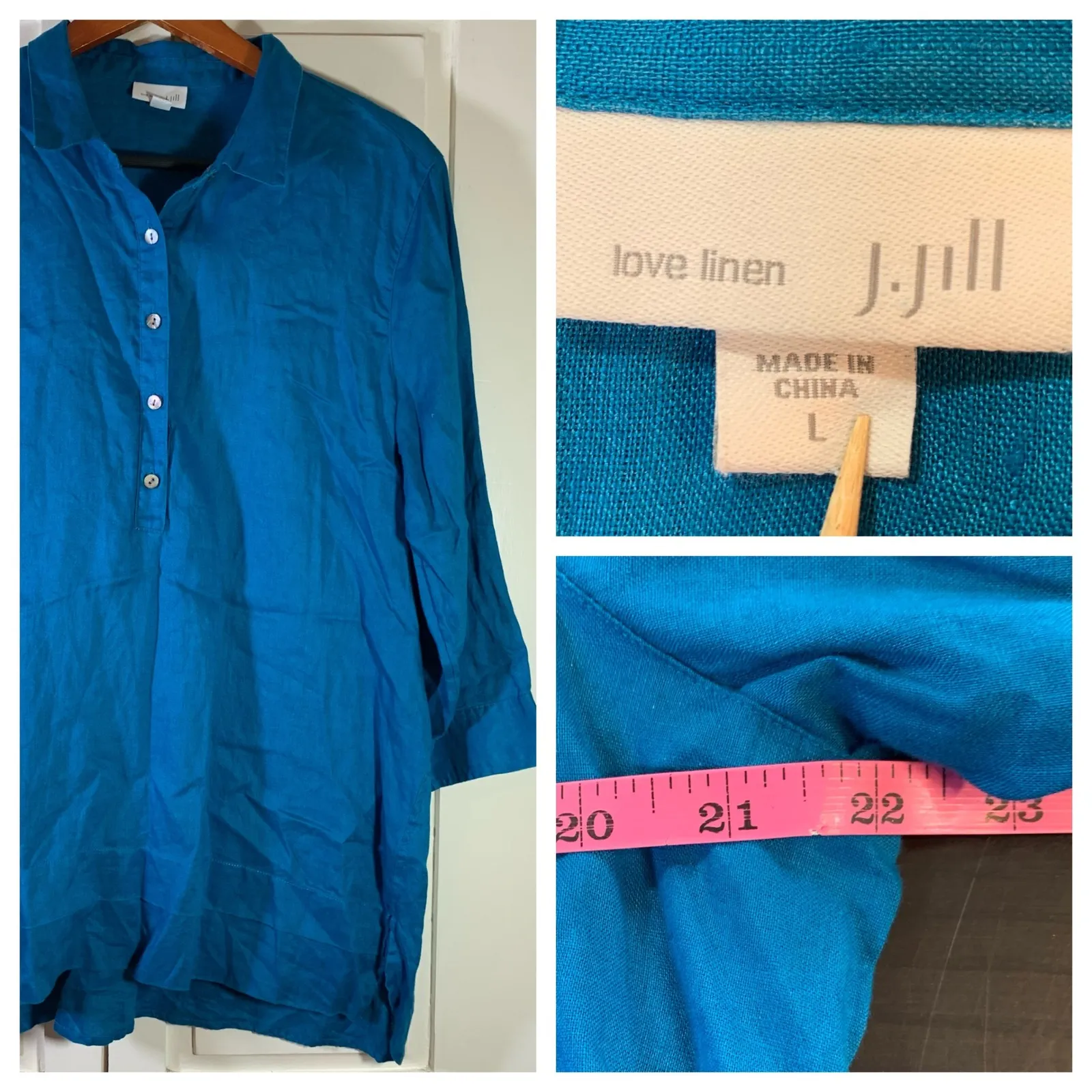 J.Jill Love Linen Top Teal Blue Collared Button Down 3/4 Sleeve Womens L Coastal - Image 12
