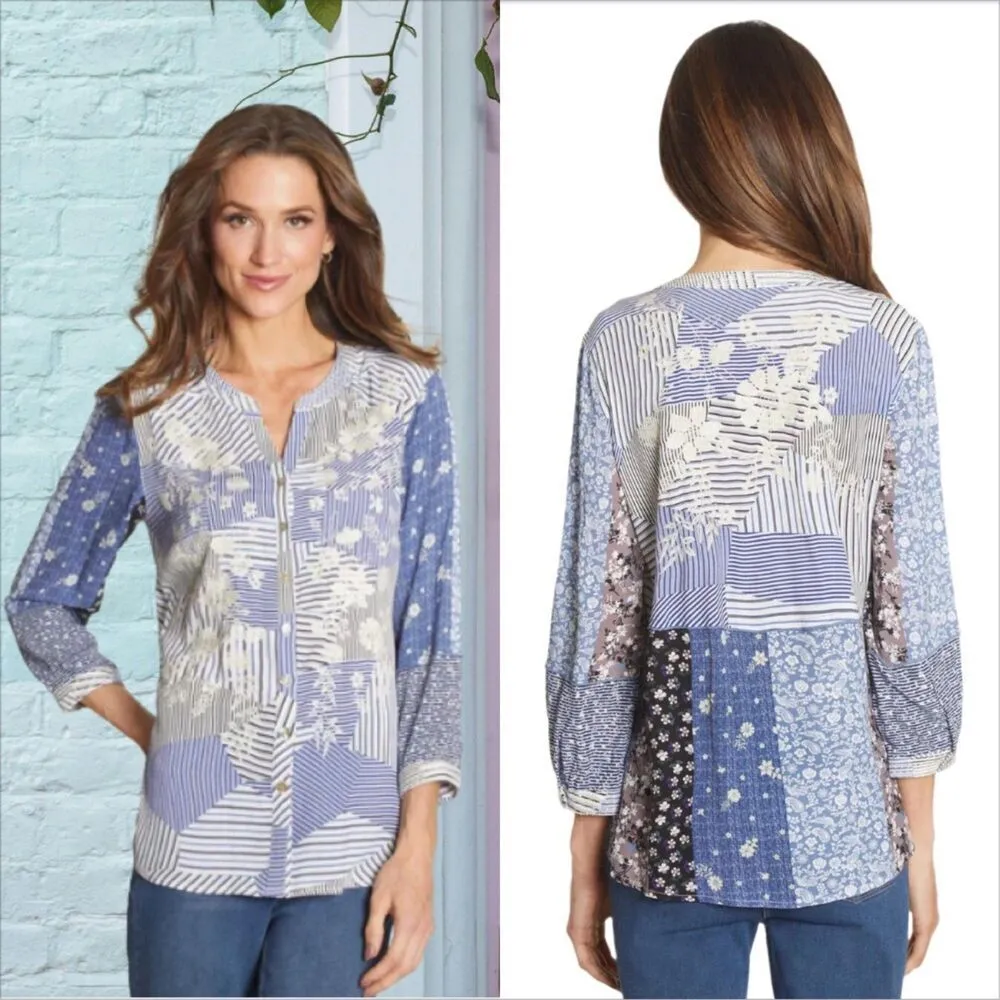 John Mark  Embroidered Floral Top Size Petite Medium Mixed Print Stripe Boho - Image 2