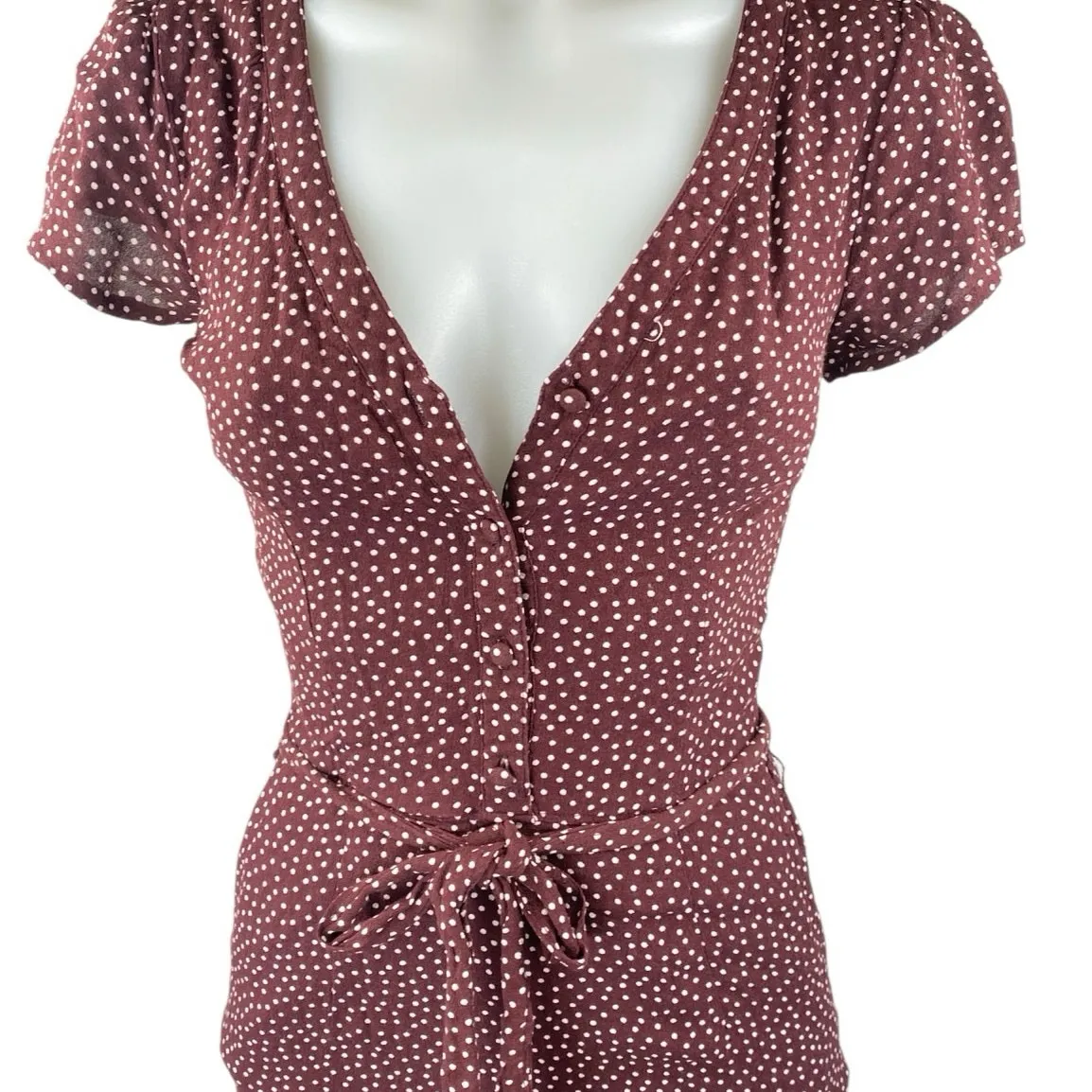 Abercrombie & Fitch Maroon Brown Polka Dots Short Sleeve V Neck Jumpsuit Sz XXS - Image 3