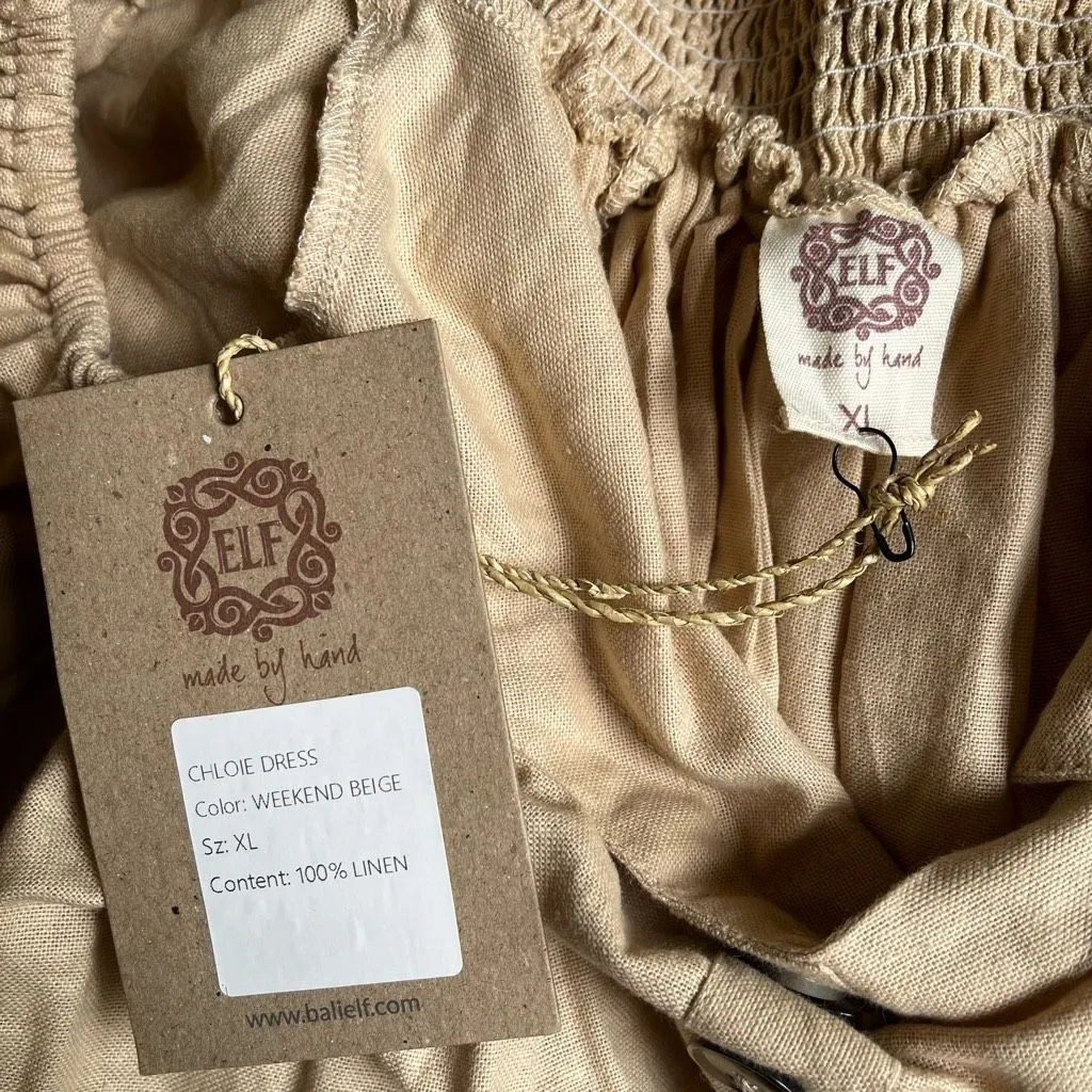 Bali Elf NEW Chloie Empire‎ Waist Linen Mini Dress Puff Sleeve Weekend Beige XL Tan - Image 5