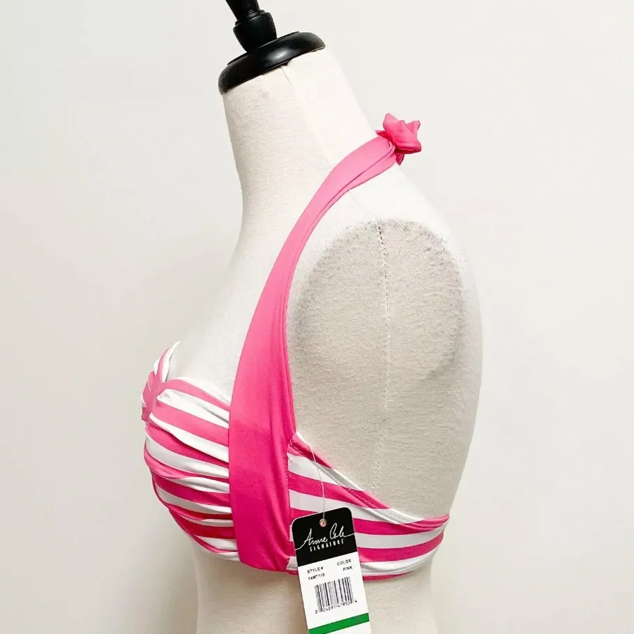 Anne Cole Pink Off White Stripe Halter Bikini Top Medium NWT Padded No Underwire - Image 3