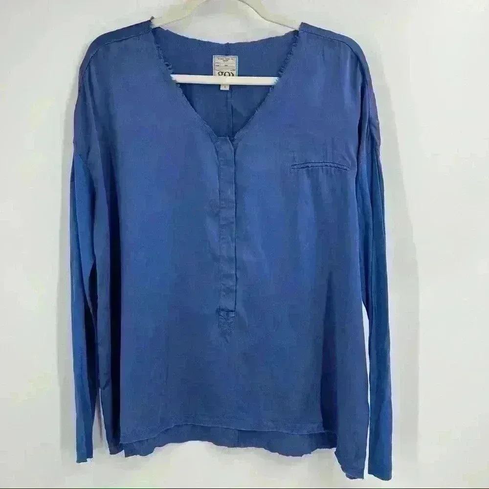 Go > By Go Silk Blue Silk Top W/ Linen Sleeves‎ And Raw Hem. Size Small - Image 4