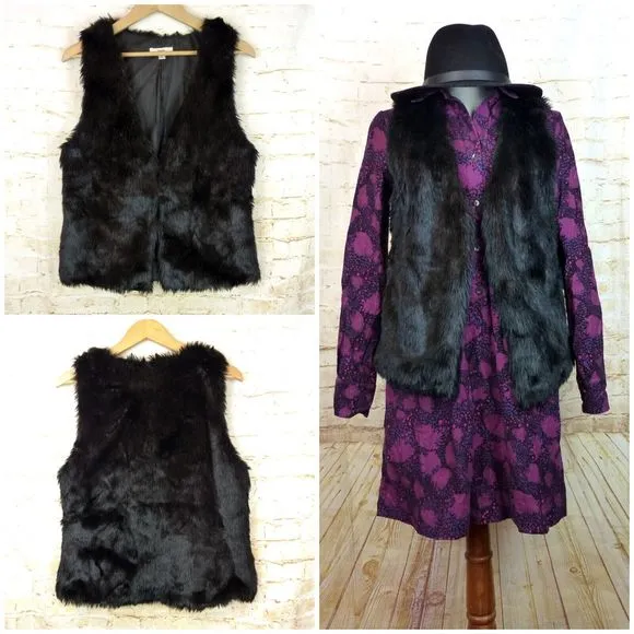 Papaya Faux Fur Vest Juniors L Black Front Hooks V-Neck Boho Rock Chic Mod Punk - Image 2