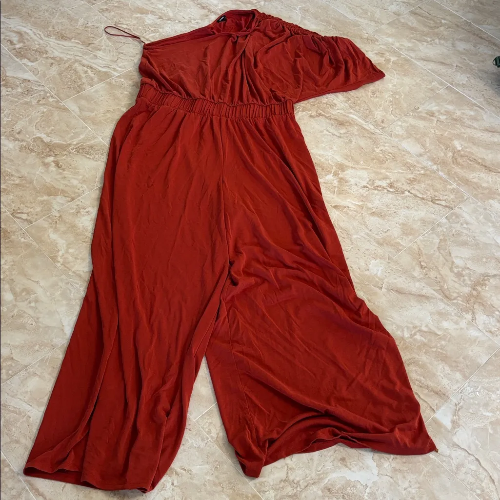 Express Cinnibar Ruched Wide Leg Elegant One-Shoulder jumpsuit fall event - Image 3