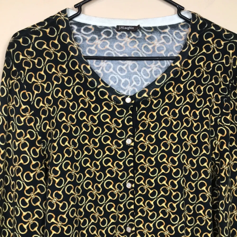 J. McLaughlin Women’s Chain Link Pattern Gold Black Button-Up Cardigan Sweater - Image 2