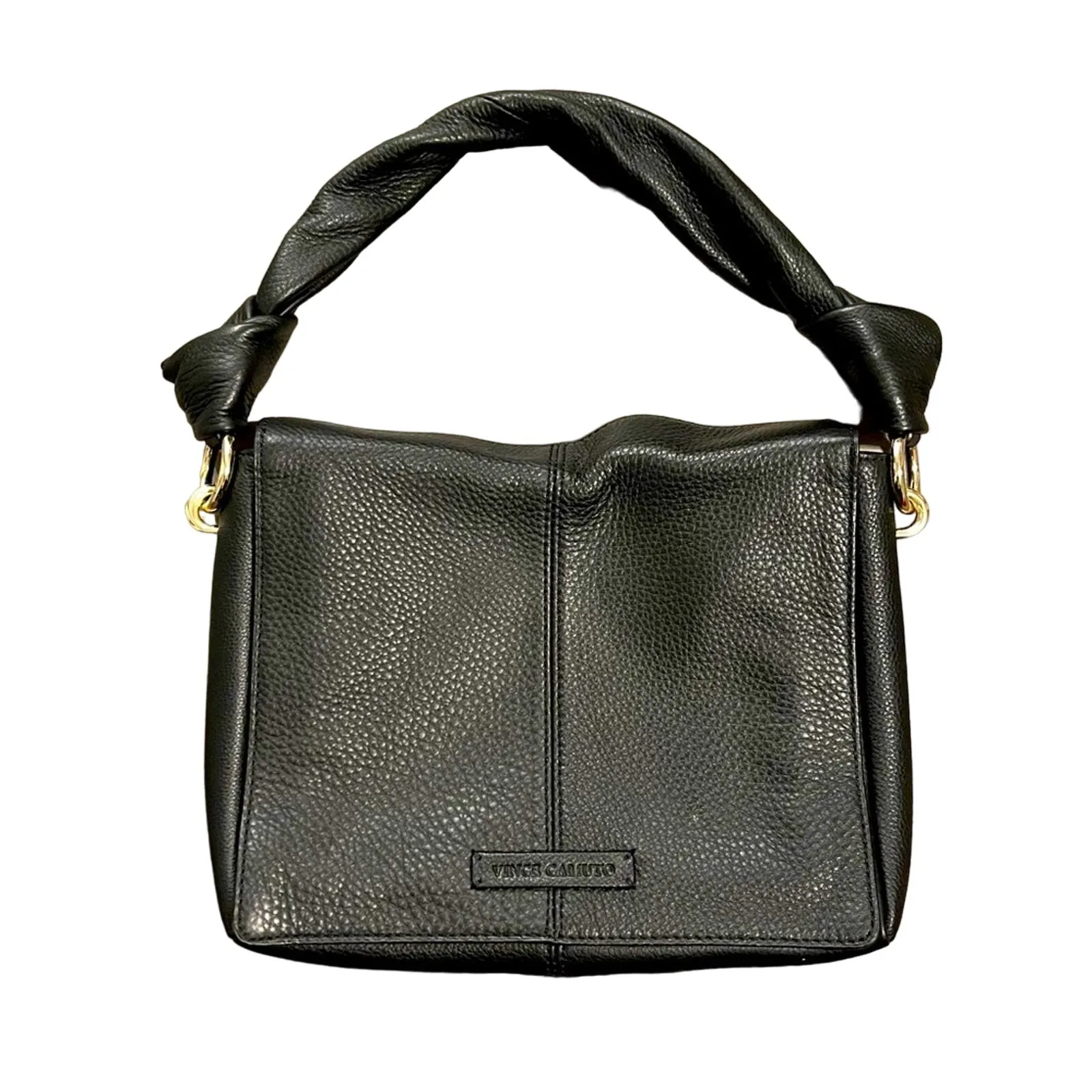 Vince Camuto Black Leather Hobo Shoulder Bag Gold Hardware Zip Lining - Image 2