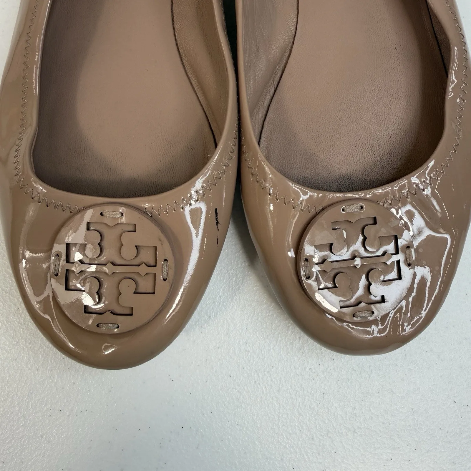 Tory Burch Sz 11 Minnie Travel Patent Leather Ballet Flats Women’s Beige Nude - Image 6
