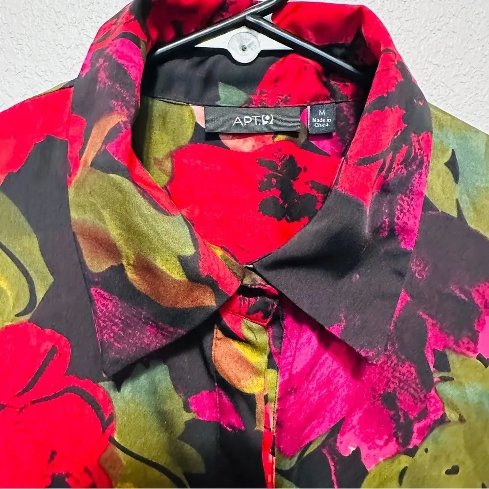 90s Red Black Floral Blouse - Oversized Poppy Print - Dark Winter Floral - M - Image 5