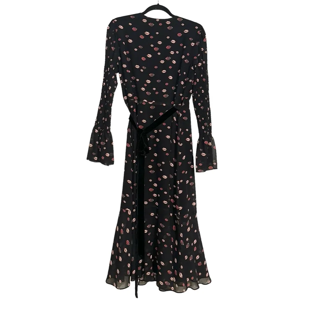 Hutch Lip Print Black Long Sleeve Wrap Midi Dress MEDIUM - Image 3
