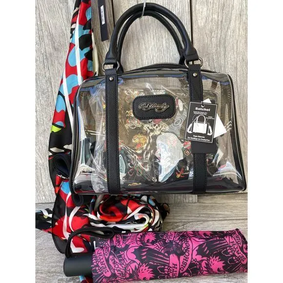 Ed Hardy | Tattoo Print Clear Satchel + Umbrella + Skull Scarf Set - Image 1