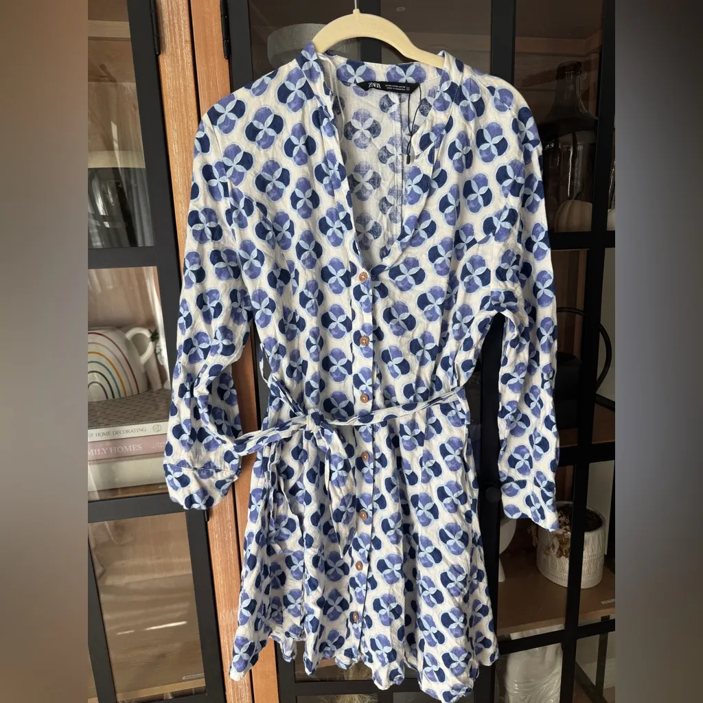 Zara linen mini dress long sleeve block print shirt tie waist flare - Image 11