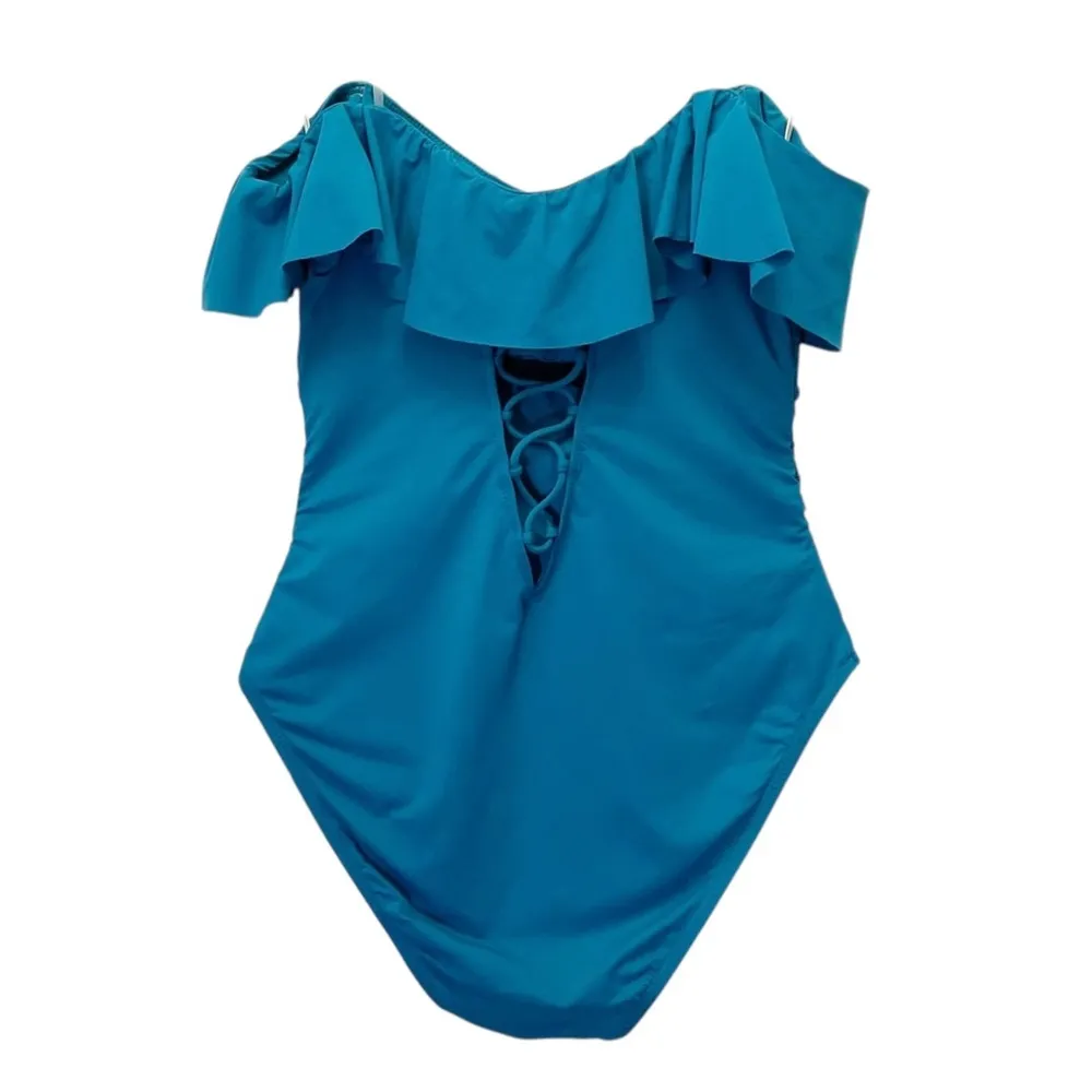 La Blanca Island Goddess Ruffle One Piece Swimsuit Caribbean Teal Blue Size 8 - Image 3