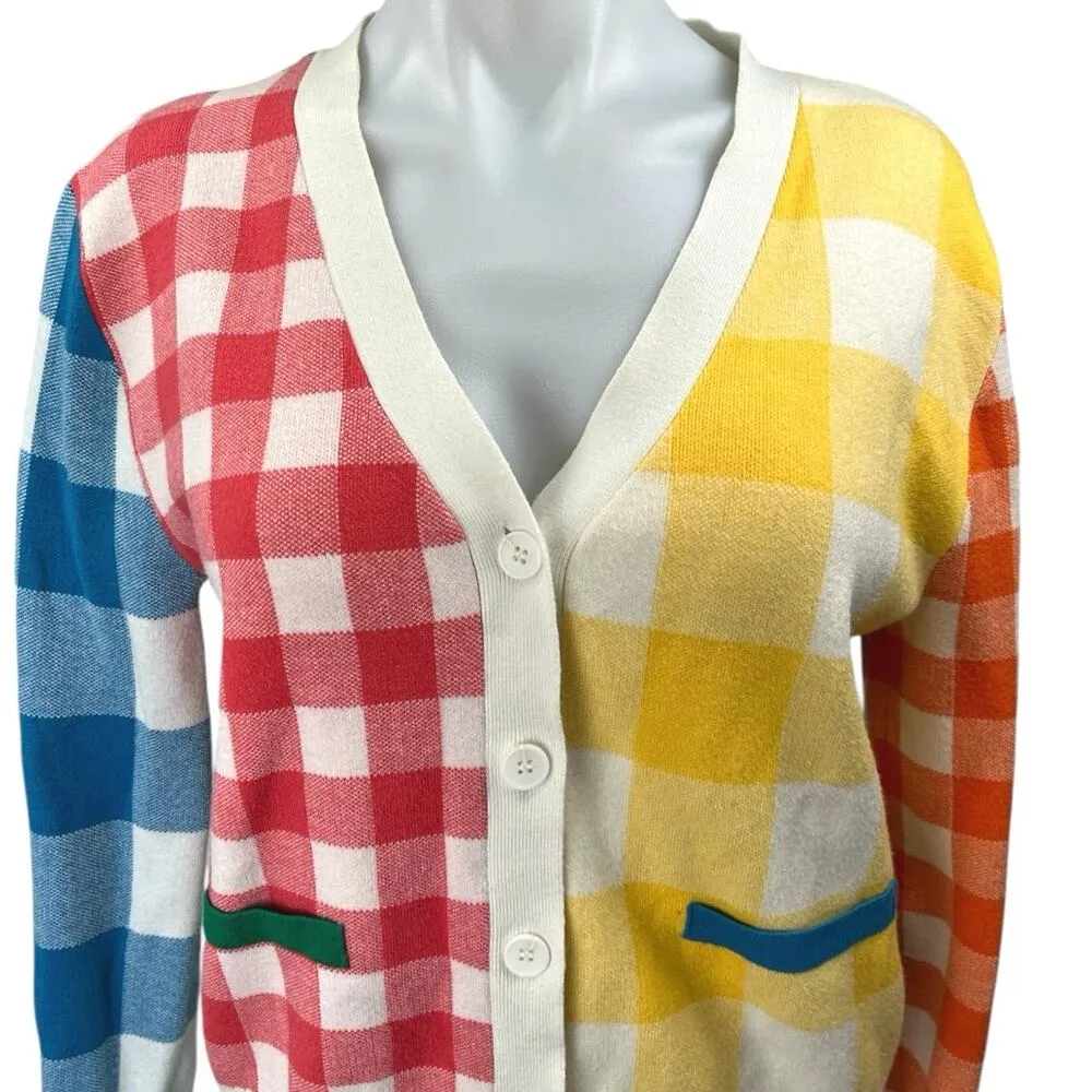 English Factory Multicolor Gingham Check Colorblock Cardigan Sweater Top Sz S - Image 3