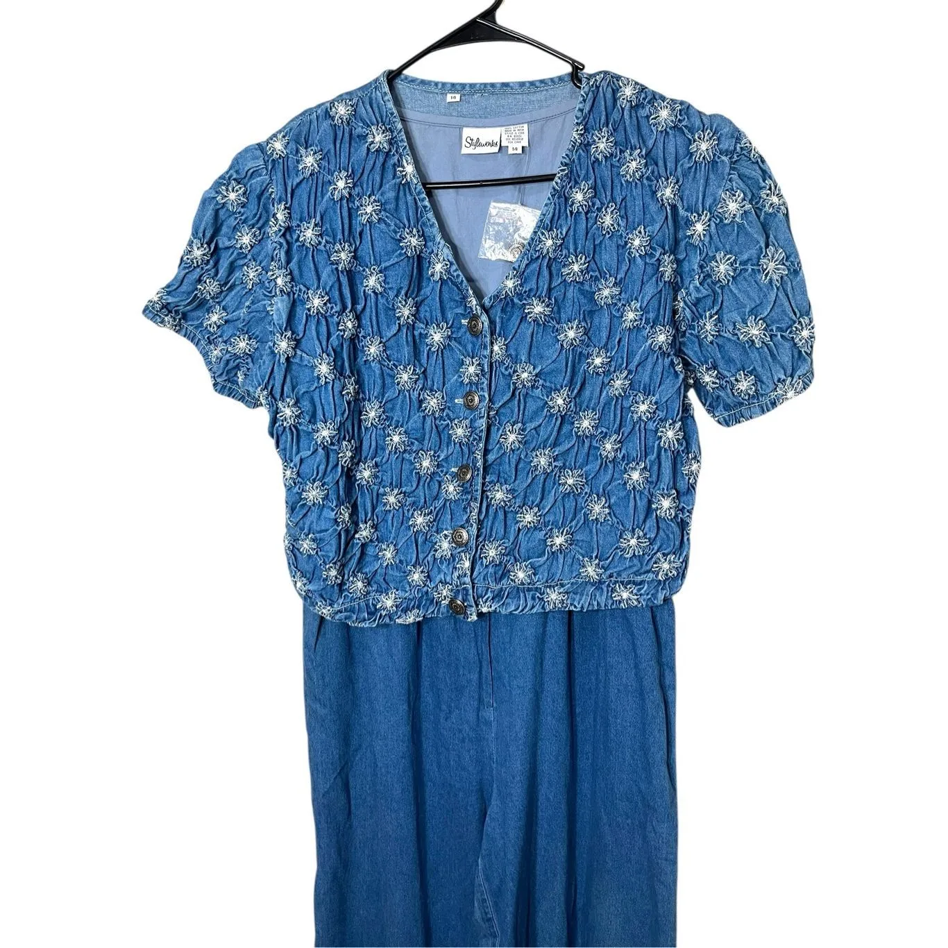 Vintage Styleworks 80's Blue White One Piece‎ Wide Leg Denim Jumpsuit Size 14 - Image 2