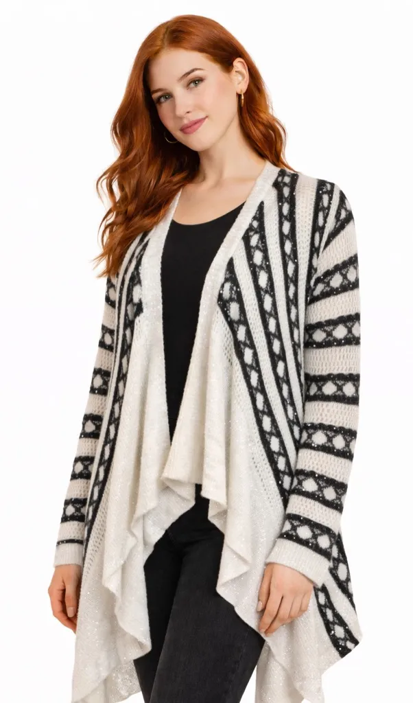 Bobeau Sparkly Black & Ivory Draped Open Front Cardigan Sweater | Boho Chic - Image 1