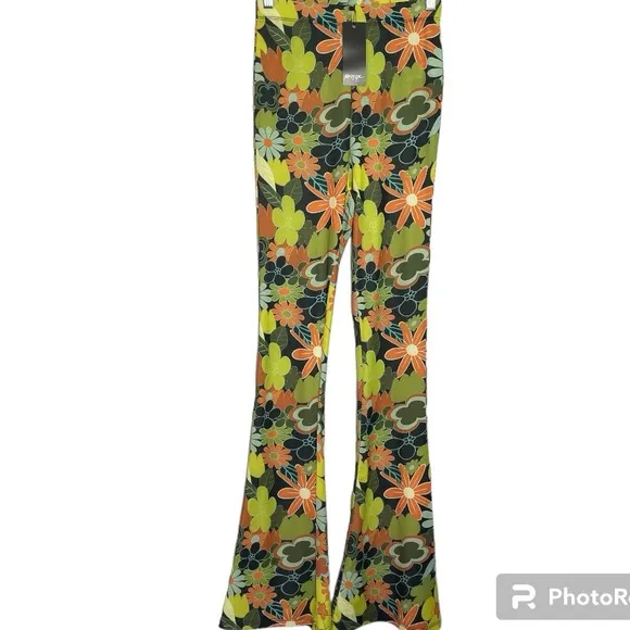 Nasty Gal 70’s Green Yellow And Orange Floral Mesh Flared Pants New With Tags - Image 2