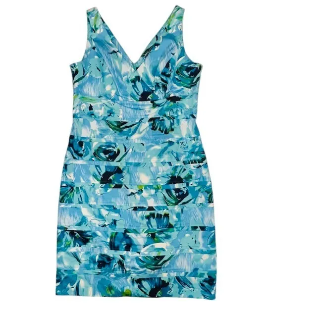 American Living Floral Sheath Dress‎ Sleeveless V-Neck Aqua Blue Party Size 14 - Image 3