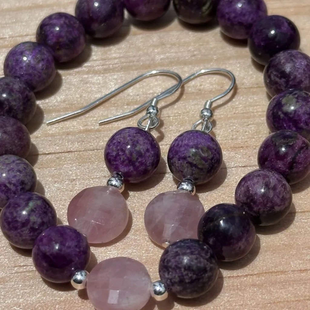 Atlantisite & Faceted Rose Quartz Coin AAA Earrings Sterling Silver Handmade - Image 5