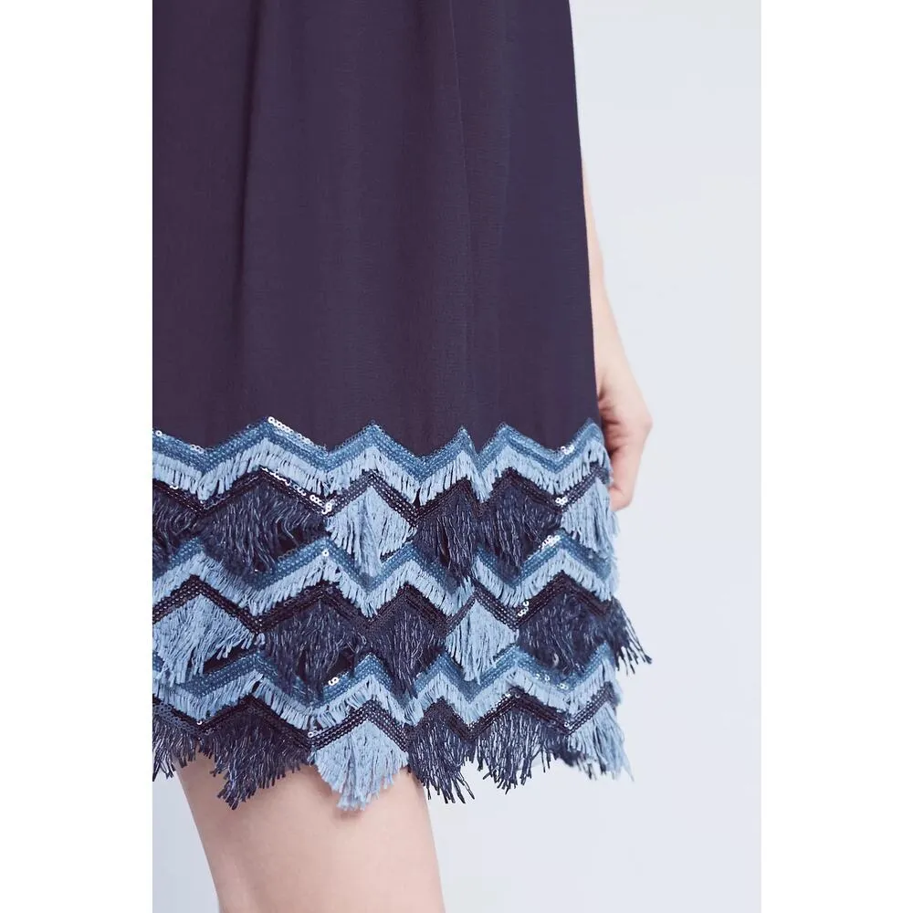 Maeve Anthropologie Navy Fringed Hem Sleeveless Swing Mini Dress Size 2 Blue - Image 4