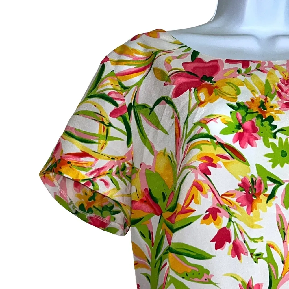 J.Crew Blouse Short Sleeves Top White Multi Floral Keyhole - Image 4