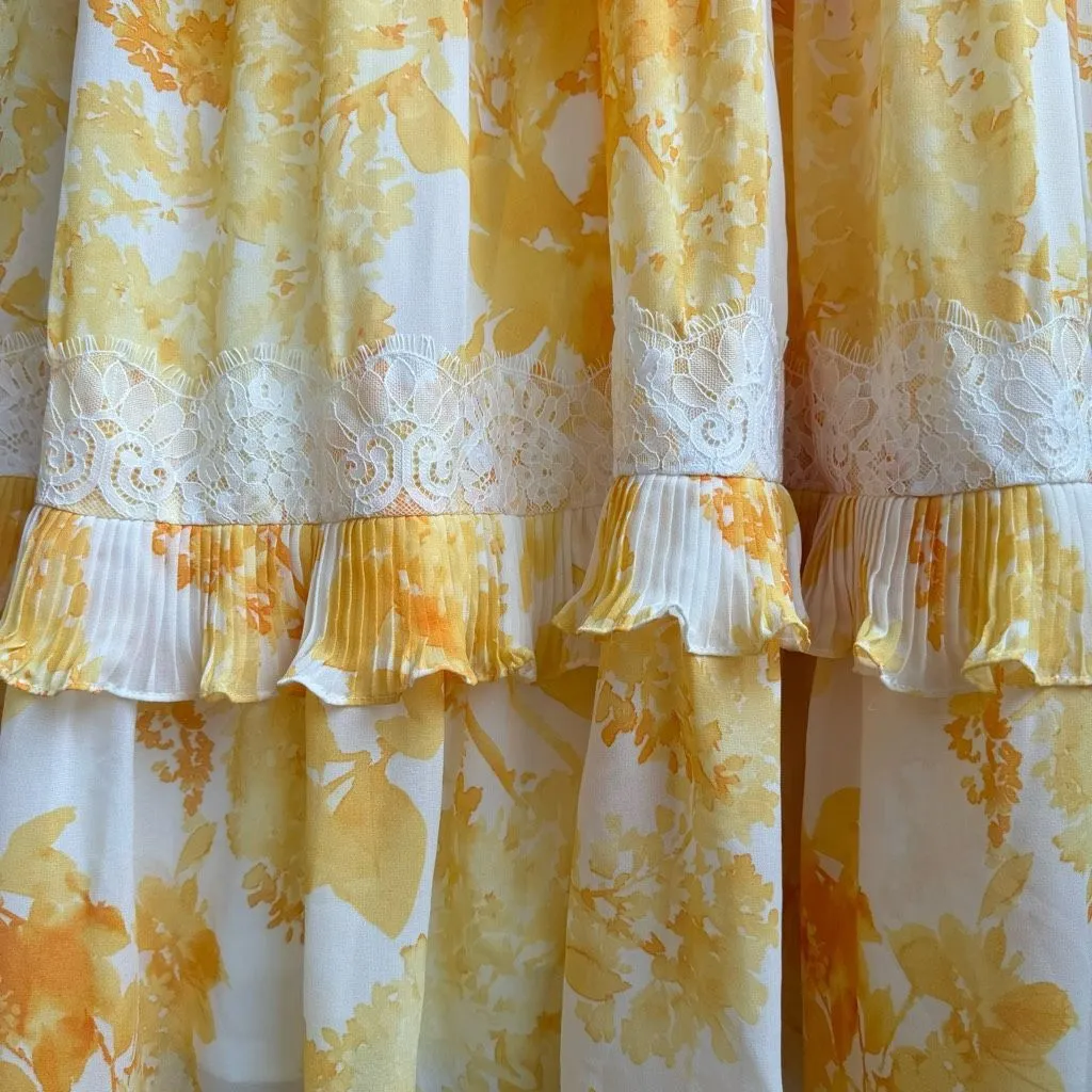 BHLDN Ava Floral Yellow Organza Halter Ruffle Midi Tier Lace Party Size Small - Image 4