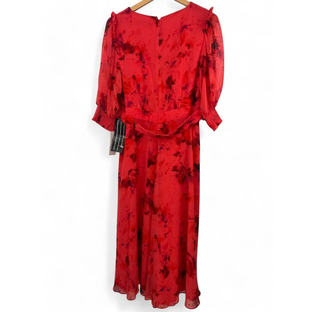 Teri Jon x Rickie Freeman | NWT | 14 | Shirred Surplice Smocked Midi Dress Red - Image 3