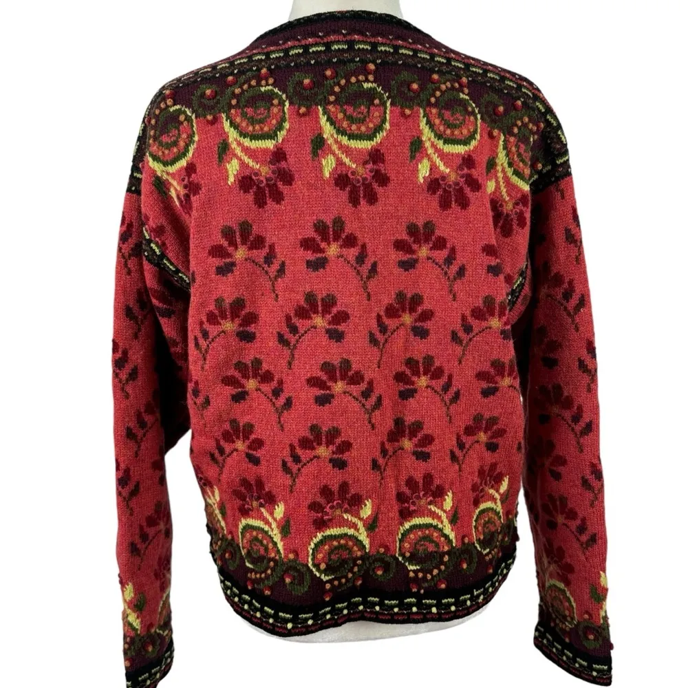 Icelandic Design Full Zip Jacket Wool 3D Knit Textured Floral Vintage Lined L Size L - Image 10