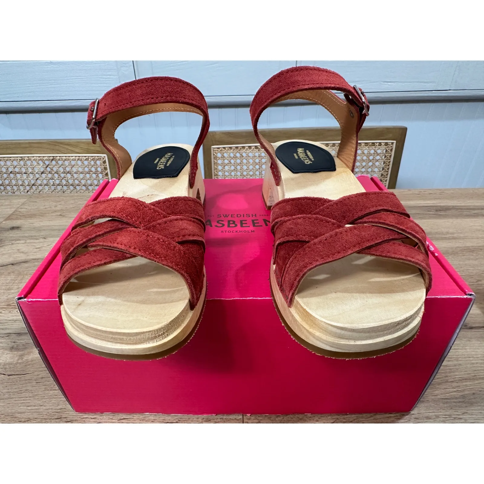Swedish Hasbeens New Braided Sandals Red Rost Suede Size 6 US 36 EU NIB Classic - Image 6